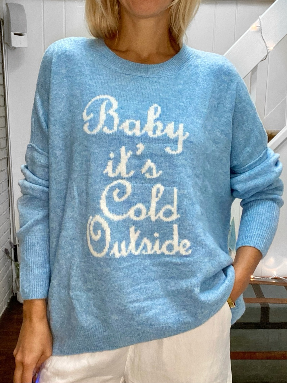 CECE “Baby it’s Cold Outside” Themed Blue Knit Crewneck Sweater! ❄️